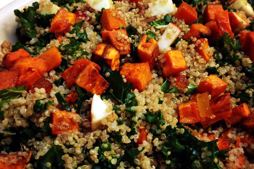 Quinoa with Sweet Potatoes, Candied Ginger, Kale and Apples