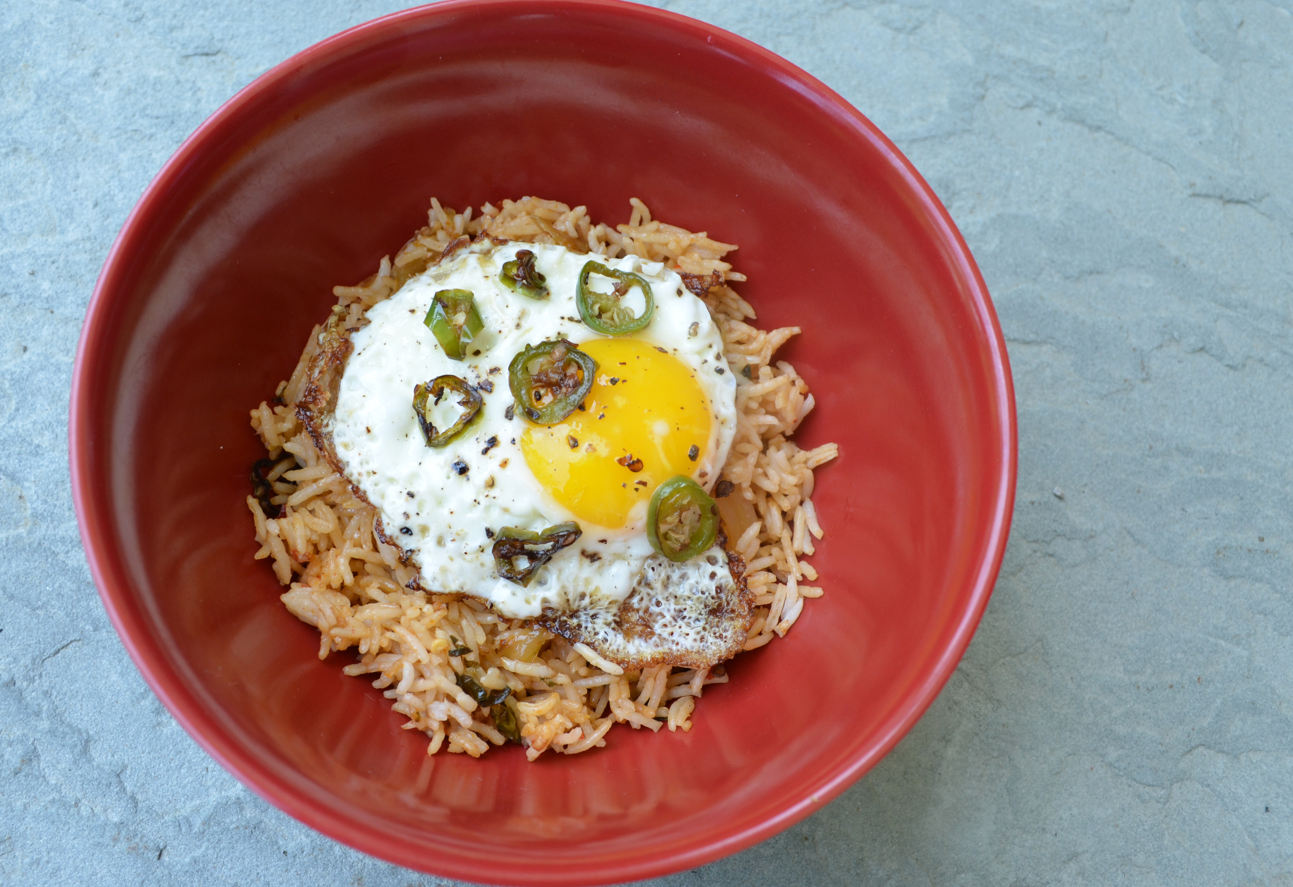 Kimchi Fried Rice with Egg and Frizzled Serrano Peppers